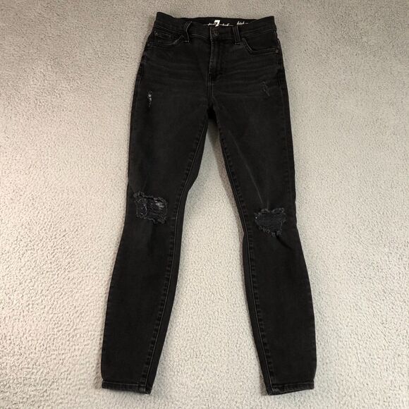 7 For All Mankind Jeans Womens 25 Black Preppy Distressed High‎ Waist Gwenevere - Picture 1 of 11